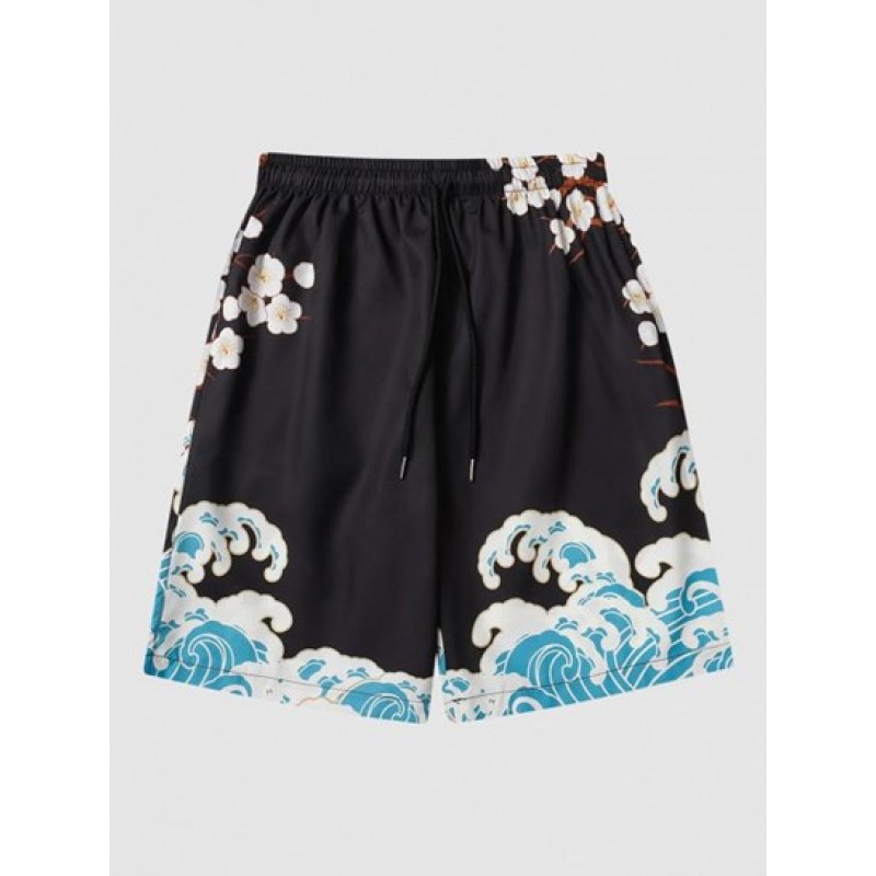 Sea Waves And Flower Print Casual Drawstring Shorts