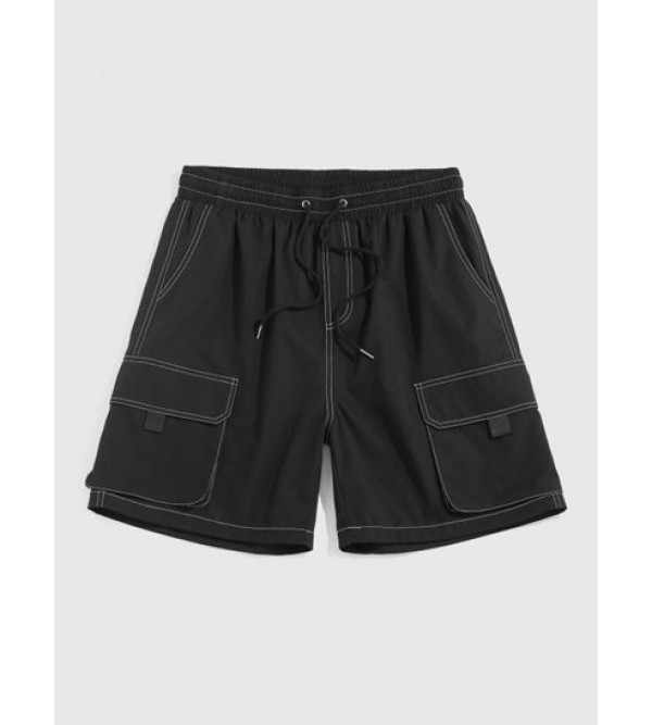 Solid Color Multi-pocket Topstitching Cargo Shorts