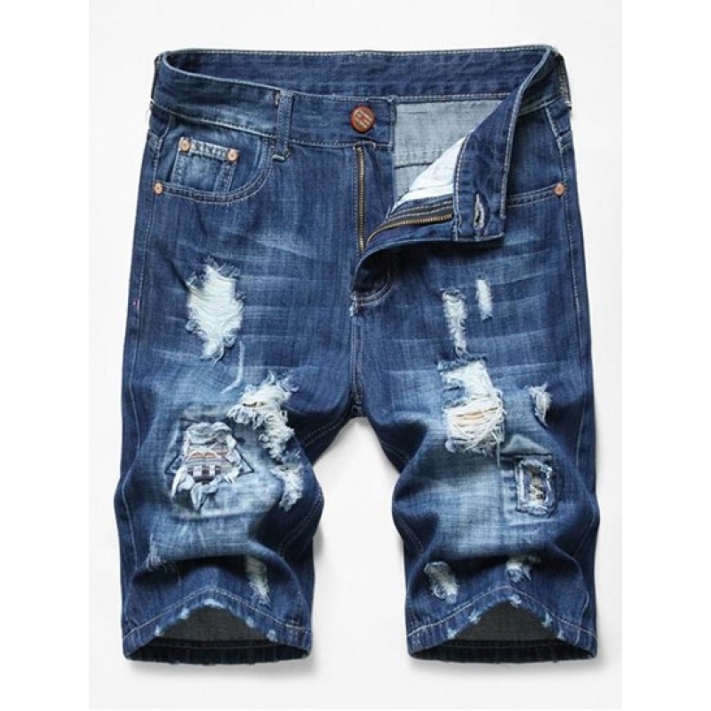 Patchworks Ripped Decoration Denim Shorts