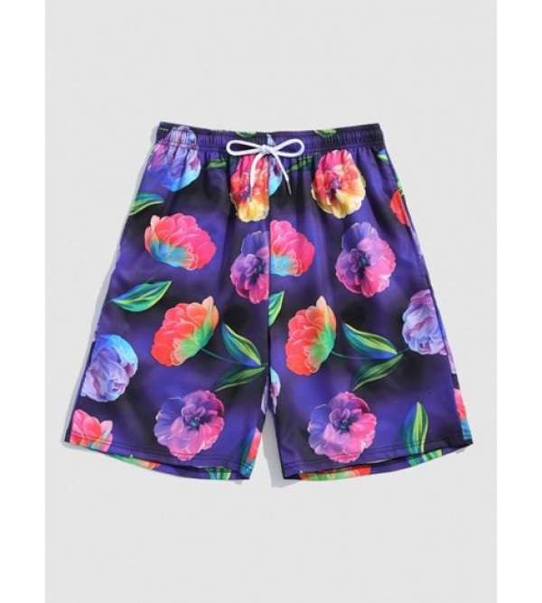 Floral Print Pocket Drawstring Beach Shorts
