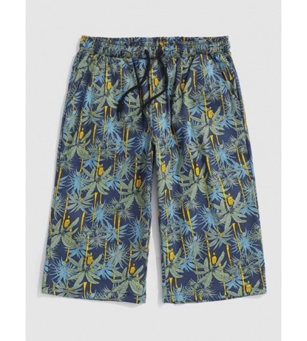 Drawstring Tropical Plant Print Beach Shorts