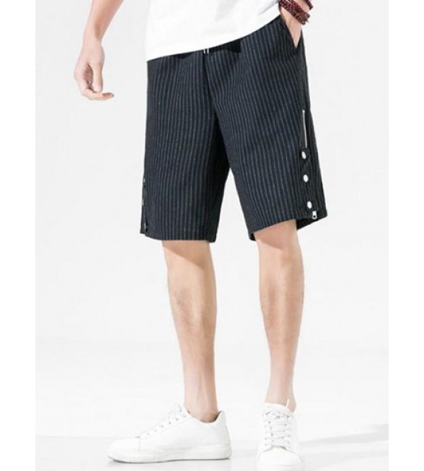 Striped Print Zipper And Button Design Drawstring Casual Shorts