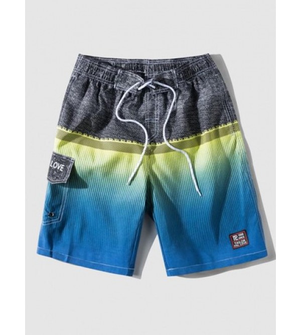 Ombre Stripe Print Letter Patch Drawstring Casual Shorts