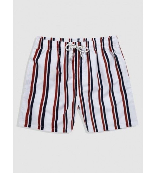 Drawstring Pockets Vertical Mixed Stripes Beach Shorts