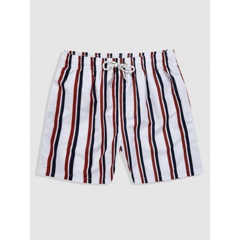 Drawstring Pockets Vertical Mixed Stripes Beach Shorts