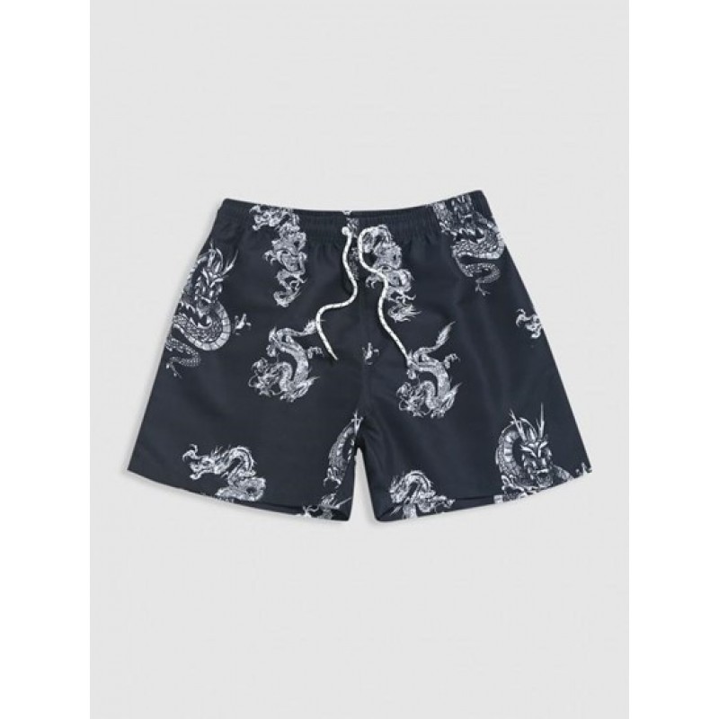 Chinese Style Dragon Print Vacation Beach Drawstring Shorts
