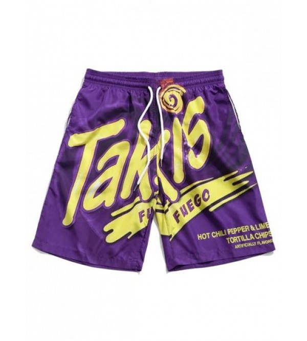 Letter Graphic Print Drawstring Beach Shorts