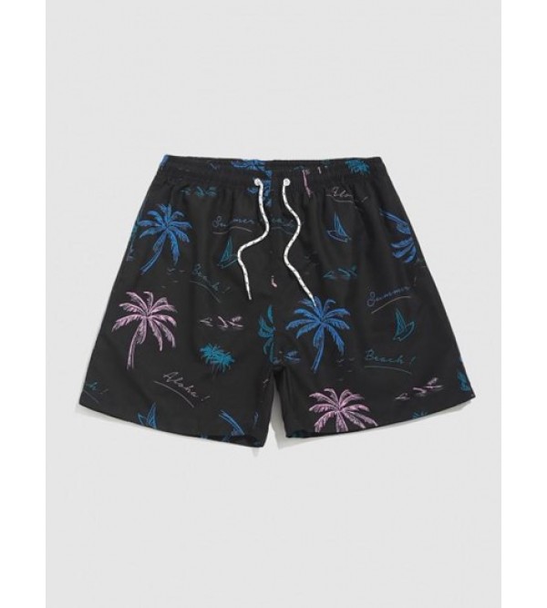 Hawaiian Letter Coconut Tree Graphic Print Drawstring Beach Shorts