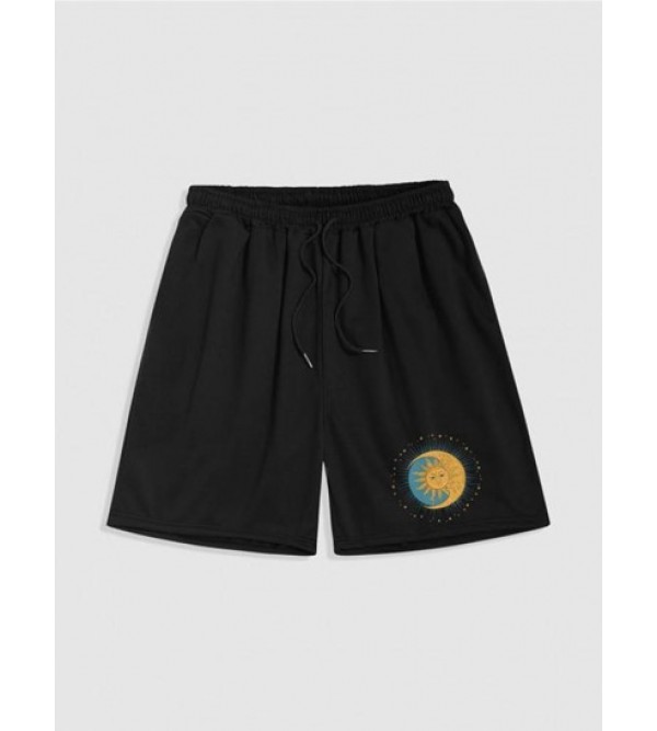 Sun And Moon Graphic Drawstring Shorts