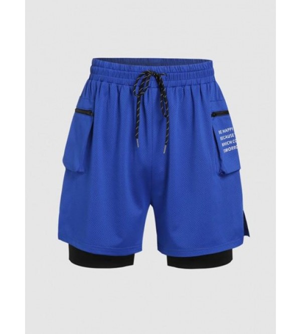 Letter Print Zipper Pocket Design Faux Twinset Sports Shorts