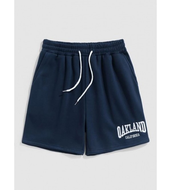 Letter OAKLAND Embroidery Fleece-lined Drawstring Blokecore Sweat Shorts