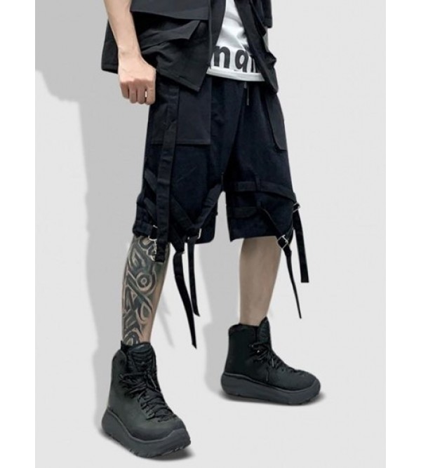 Buckle Strap Drawstring Cargo Shorts