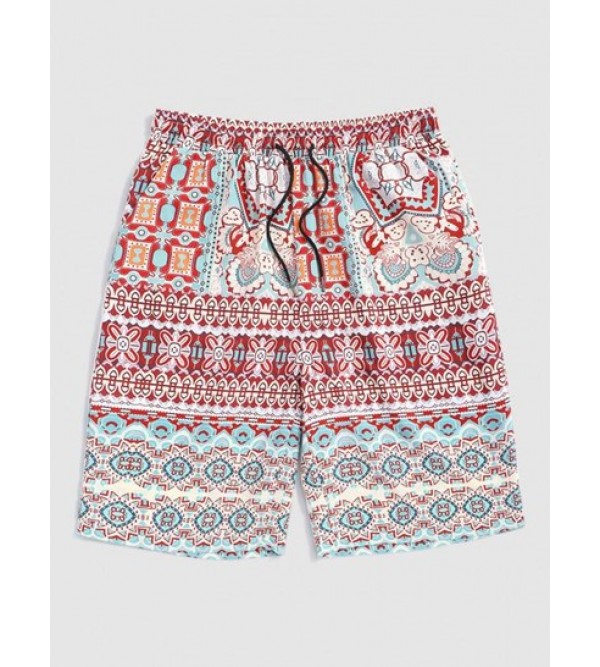 Ethnic Aztec Printed Pocket Drawstring Casual Beach Shorts