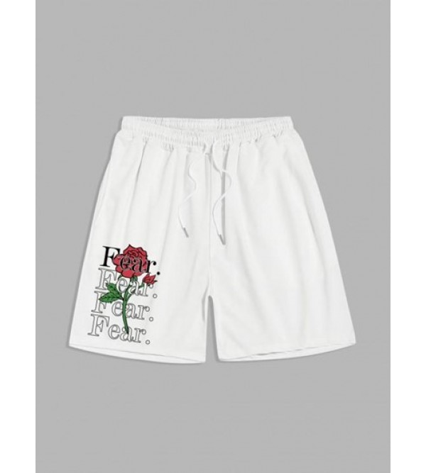 Flower And Letter Printed Drawstring Shorts
