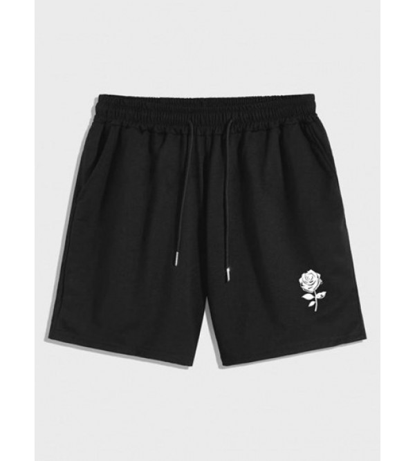 Rose Floral Pattern Drawstring Casual Shorts