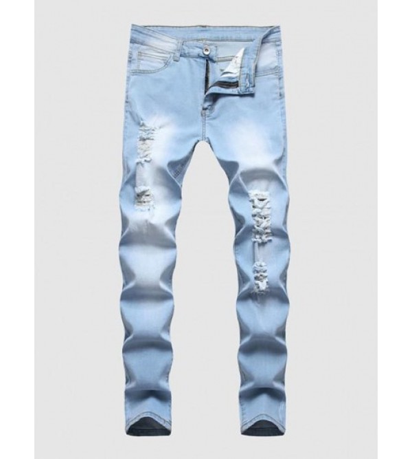 Faded Color Distressed Denim Jeans
