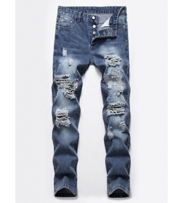 Destroyed Ripped Button Fly Skinny Jeans