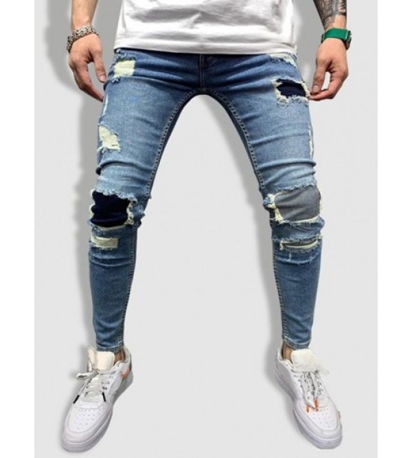 Ripped Patch Zipper Casual Jeans
