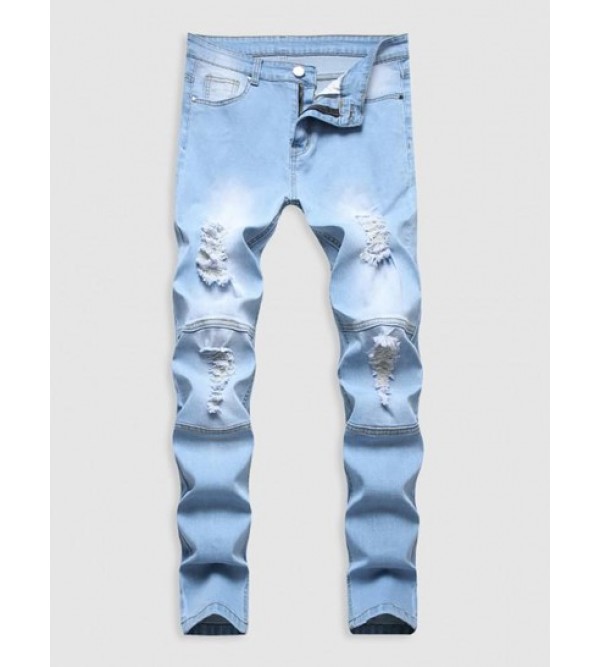 Zipper Ripped Pockets Button Casual Jeans