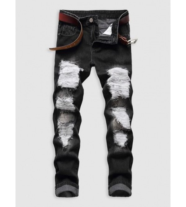 Black Ripped Zipper Fly Pockets Jeans