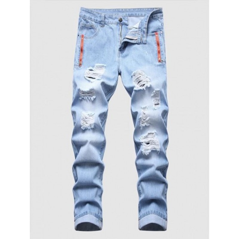 Zipper Embellishment Light Wash Ripped Jeans