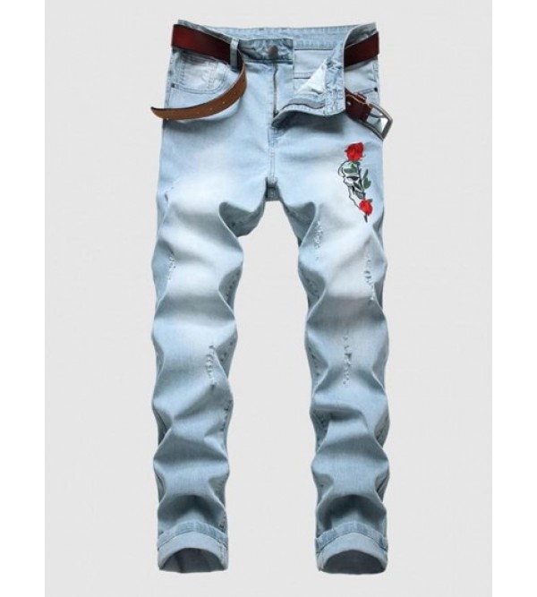 Ripped Rose Embroidery Zipper Fly Jeans