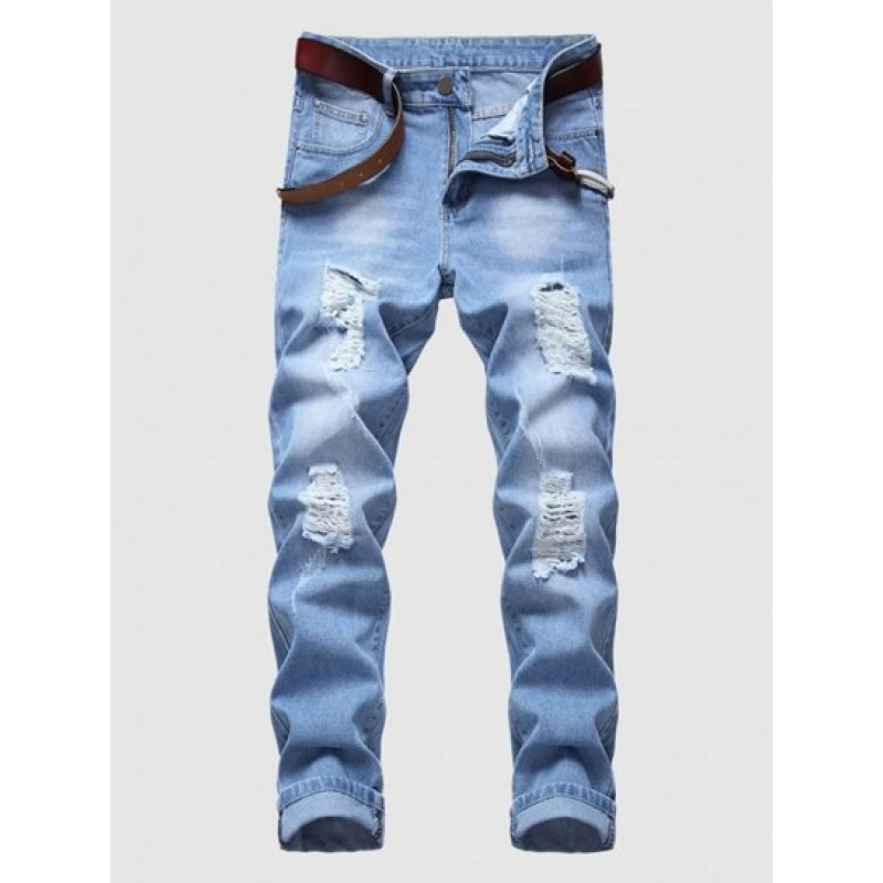 Destroyed Design Zipper Fly Cuffed Jeans