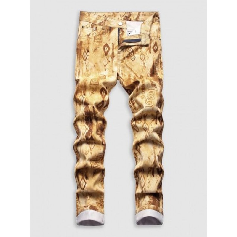 Ethnic Style Graphic Print Pockets Retro Jeans