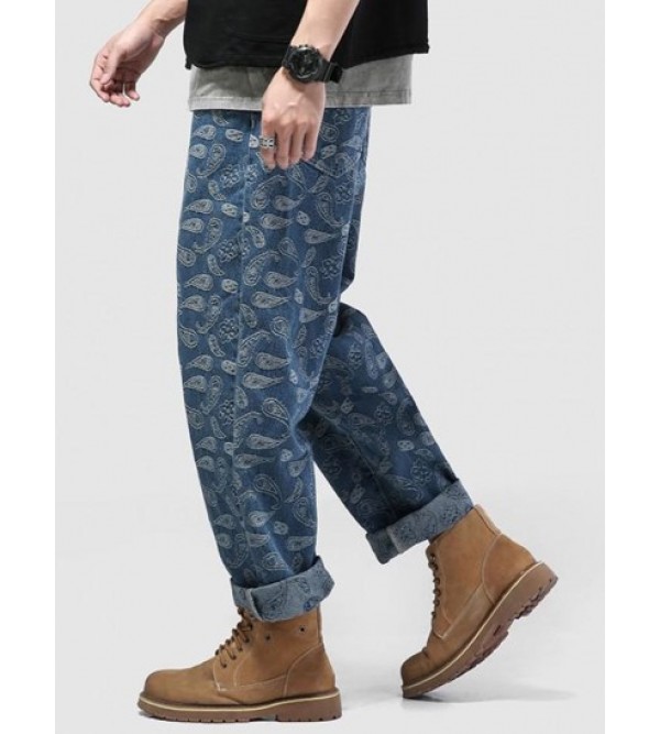 Straight Leg Paisley Flower Print Y2K Aesthetic Jeans