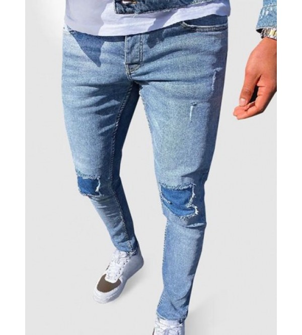 Contrast Ripped Patch Pocket Casual Jeans