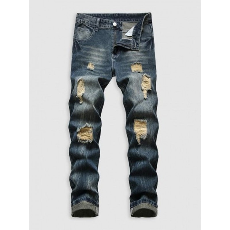 Retro Ripped Pockets Zipper Fly Jeans