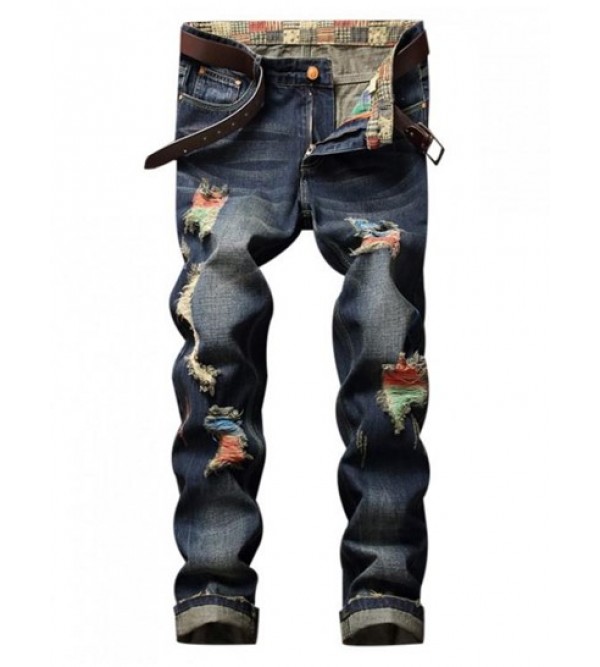 Colorful Destroy Wash Scratch Long Casual Ripped Jeans