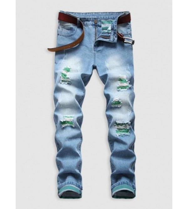 Colored Ripped Faded Zipper Fly Jeans