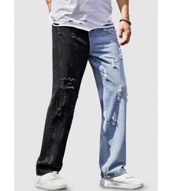 Ripped Straight Leg Two Tone Jeans