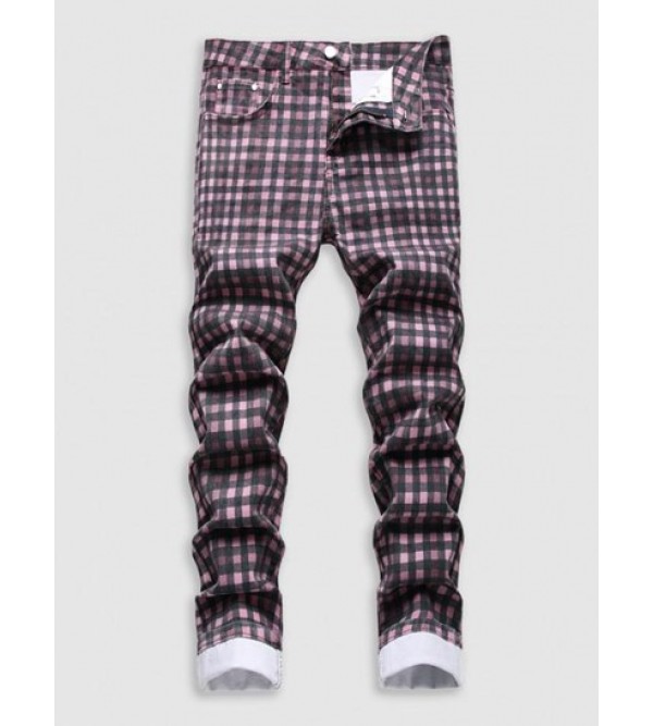 Plaid Print Pockets Zipper Retro Jeans