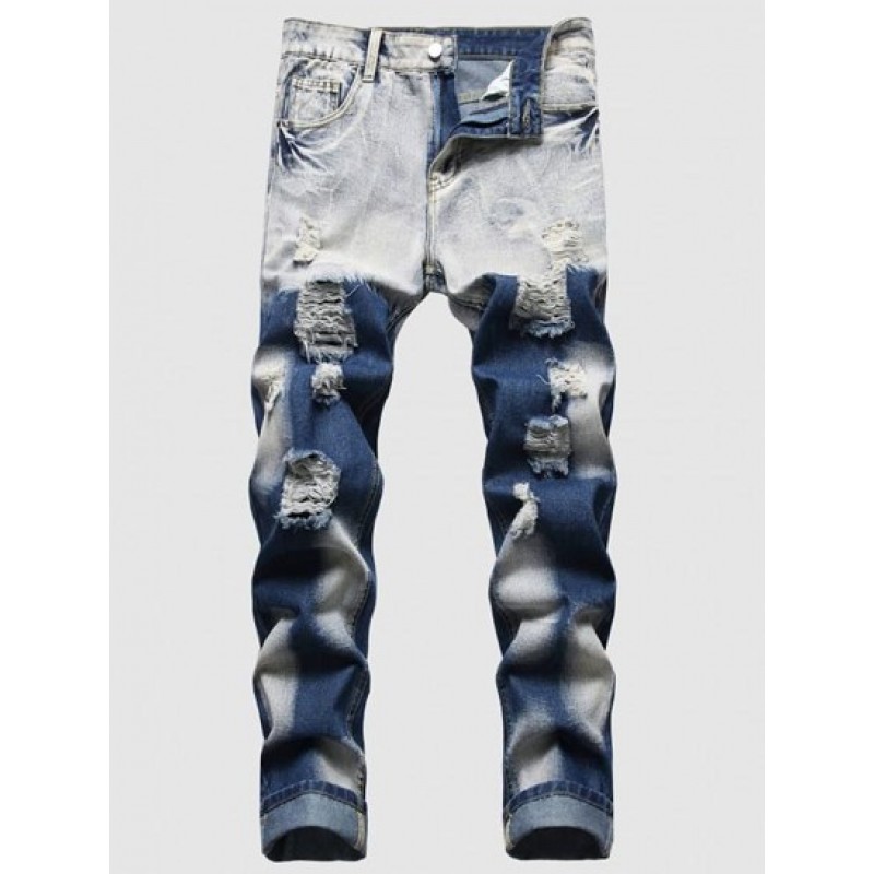 Faded Wash Distressed Ripped Jeans