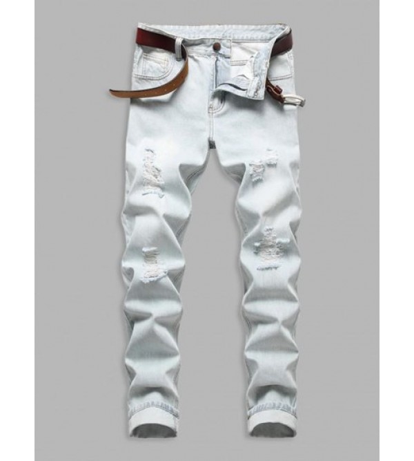 Light Color Ripped Pockets Zipper Fly Jeans