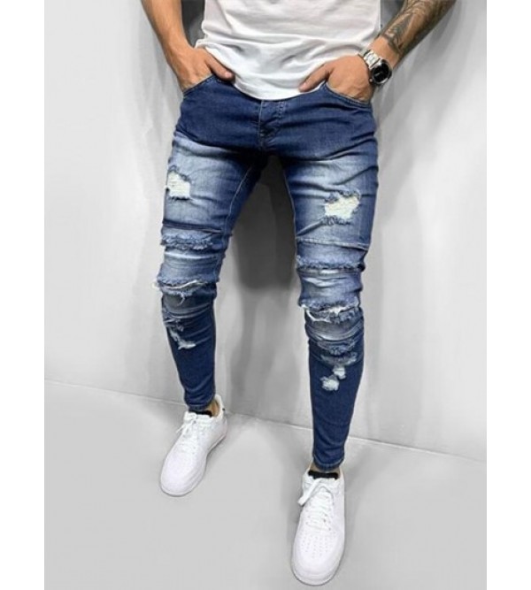 Button Zipper Ripped Jeans