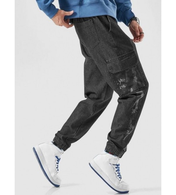 Contrast Letter Embroidery Joggers Jeans