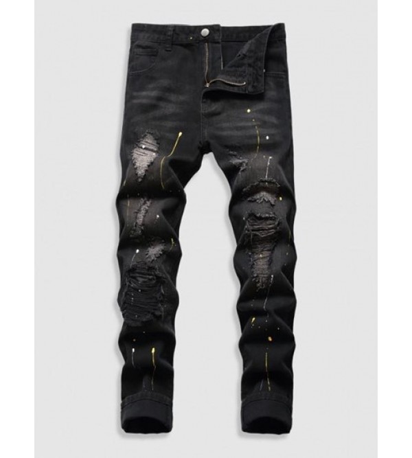 Frayed Paint Splatter Drippy Jeans