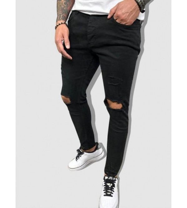 Solid Color Zipper Fly Destroyed Jeans