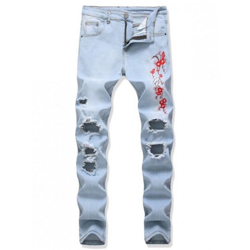 Floral Embroidery Destroy Wash Distressed Long Jeans