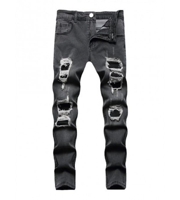 Ripped Patch Pocket Zipper Casual Jeans