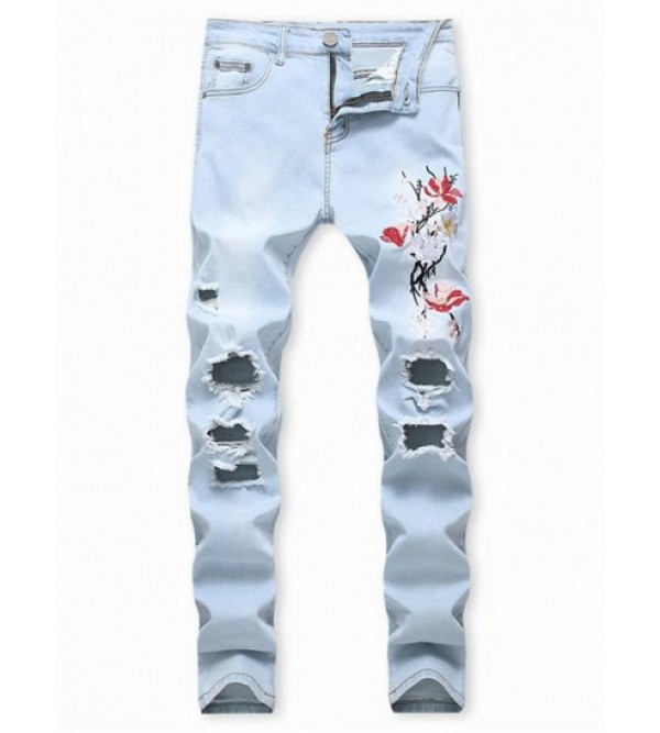 Distressed Long Floral Embroidery Ripped Jeans