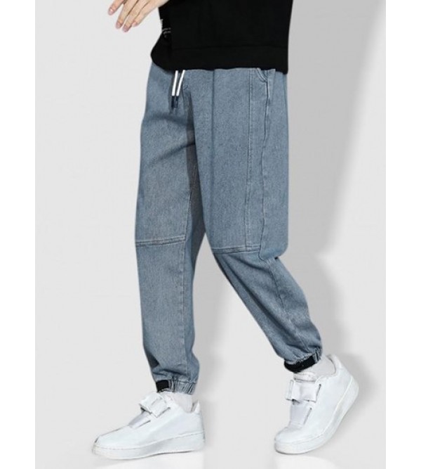 Letter Embroidered Pocket Baggy Jogger Jeans