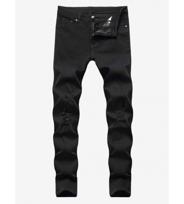 Solid Color Frayed Ripped Zipper Fly Jeans