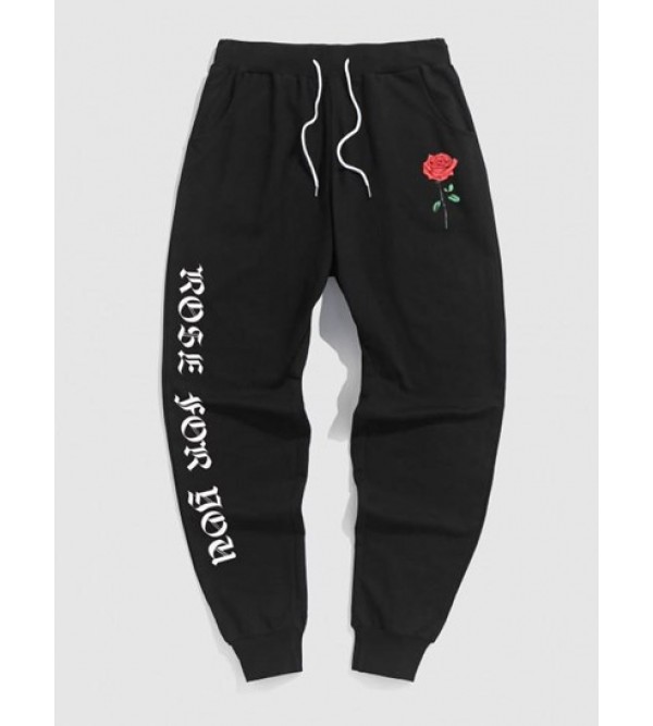 Letter And Rose Graphic Printed Drawstring Sweatpants
