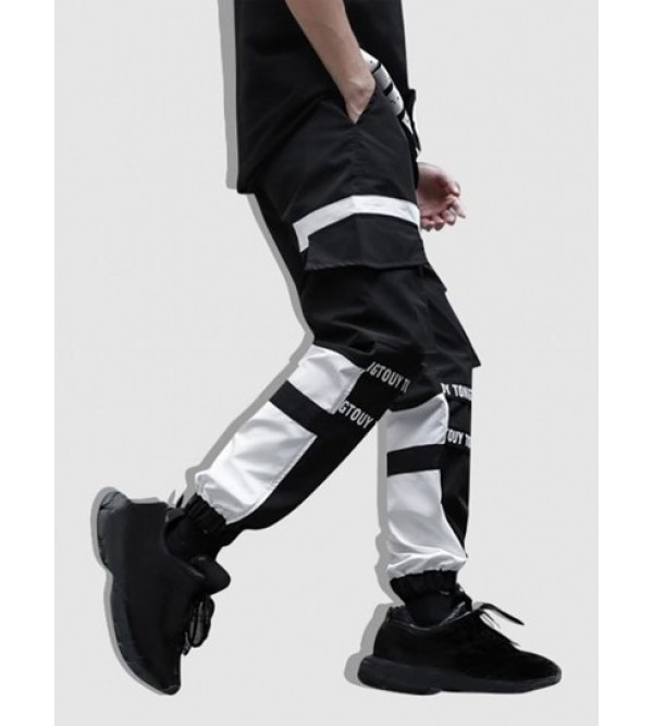Letter Print Colorblock Drawstring Cargo Jogger Pants