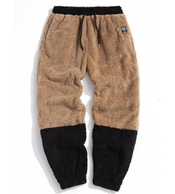 Letter Applique Contrast Faux Fur Fluffy Pants