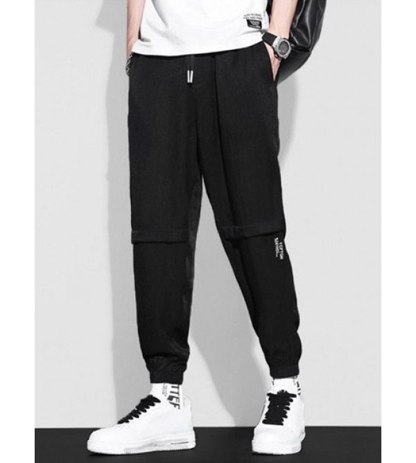 Wrinkled Letter Embroidery Drawstring Jogger Pants